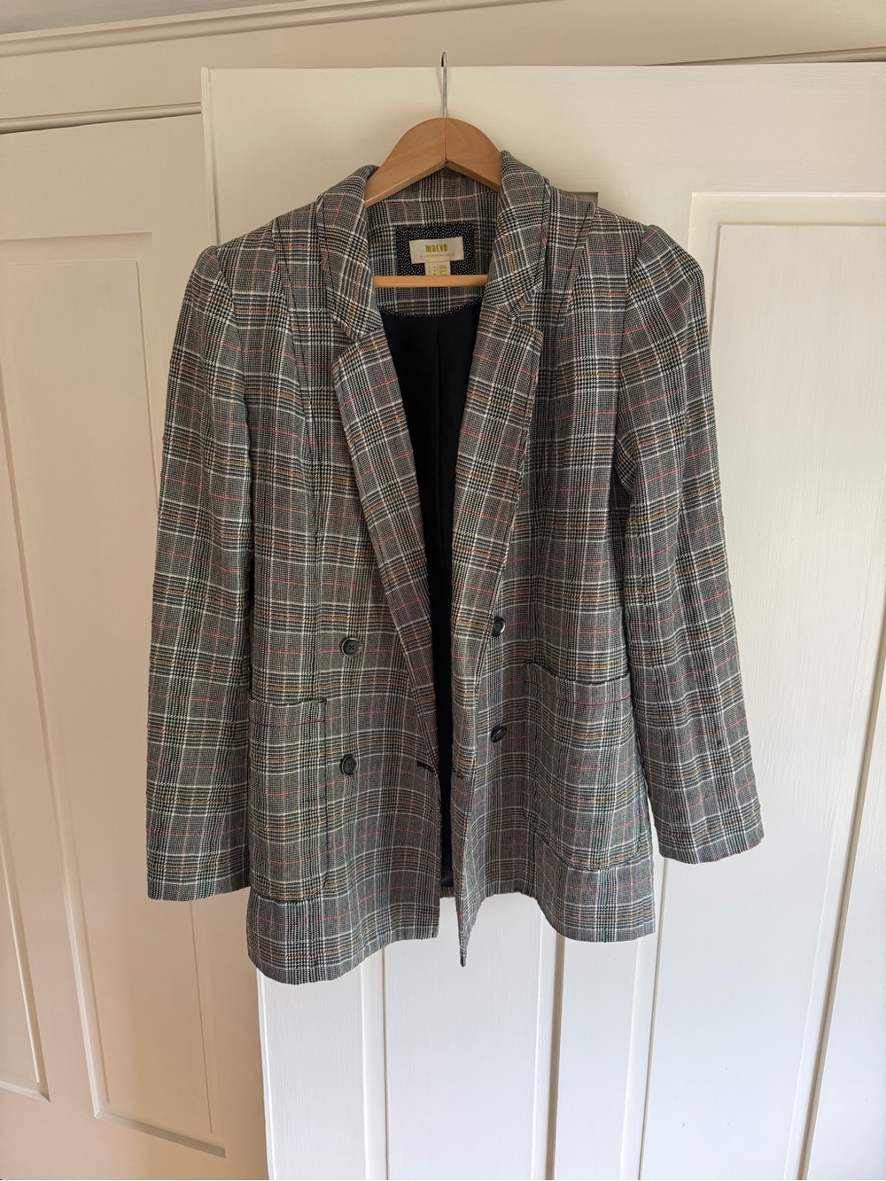 Anthropologie Gray Plaid Double-Breasted Blazer